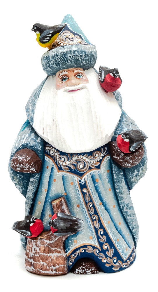 150 mm Santa Claus with Bullfinches hand painted wooden figurine (by Sergey Christmas Workshop)