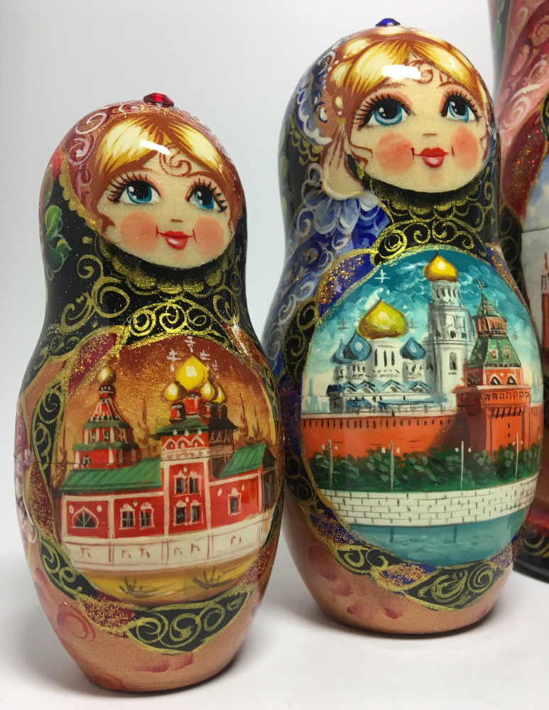 230 mm Moscow Kremlin and Snt Basil Cathedral hand painted Matryoshka 5 pcs with Zhostovo ornaments on Scarves and Rhinestones (by Olga Zaitseva)