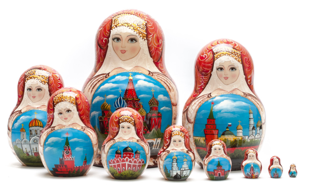 180 mm Moscow handpainted Wooden Matryoshka round Doll 10 pcs (by Sheherazade)