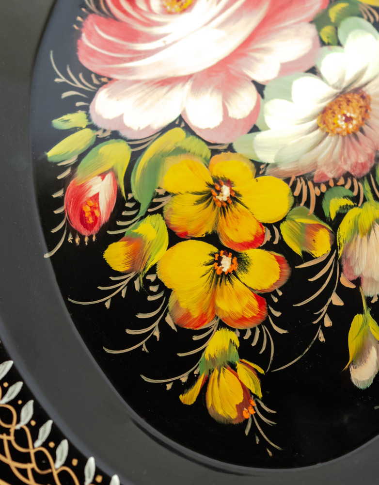 180x220 mm Zhostovo Patterns hand painted and lacquered Metal Forged Carmine Tray (by Lada Crafts)