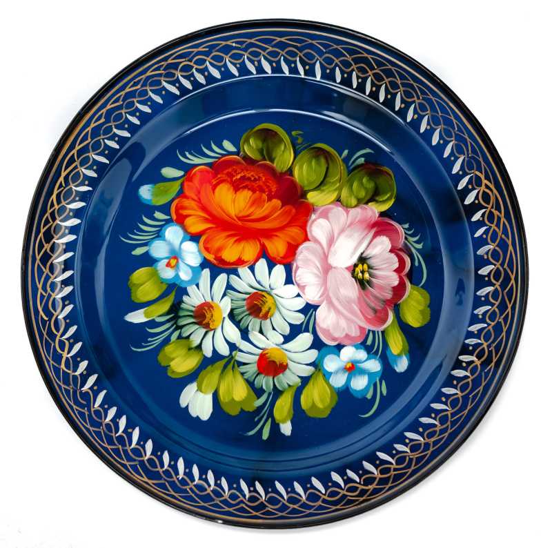  d 180 mm Zhostovo Patterns hand painted and lacquered Metal Forged Blue Tray (by Lada Crafts)