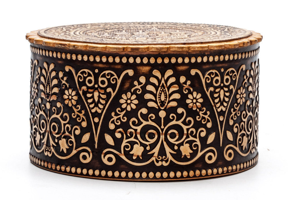 d 65 mm Siberian Patterns hand made Birchbark Jewelry Box (by Maxim Birch)