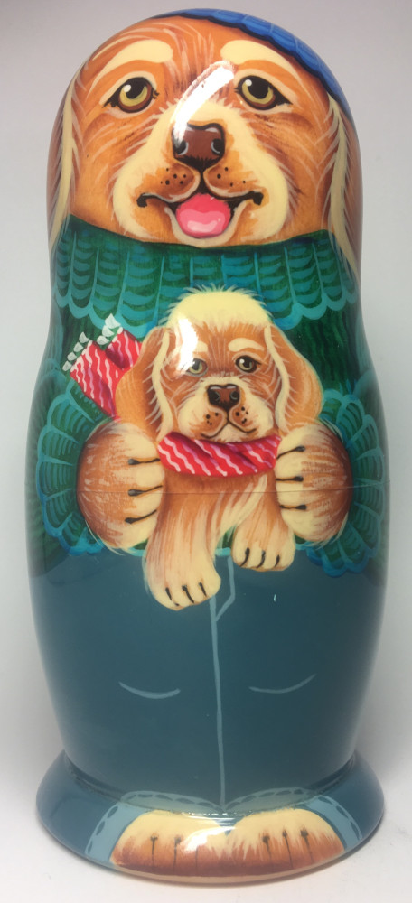 145 mm Brown Father Dog plays with Puppies handpainted Wooden Matryoshka Doll 5 pcs (by Vasily Crafts)