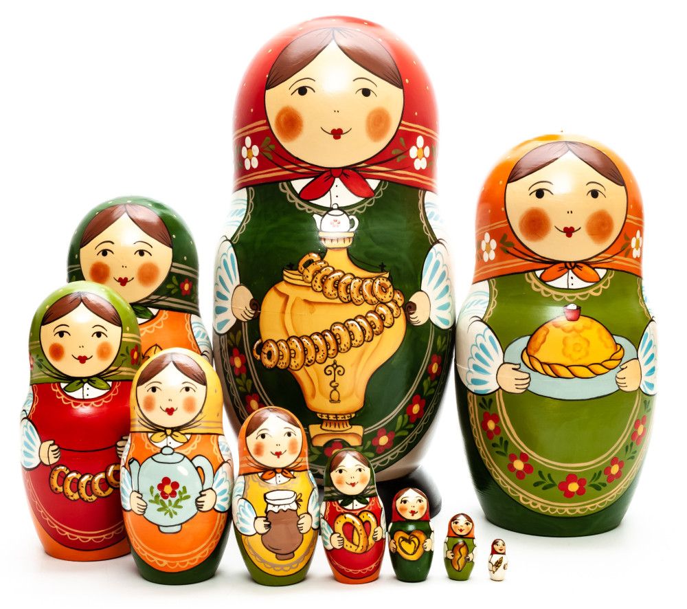 260 mm Mistress with Samovar and Barrels hand painted Traditional Russian Wooden Matryoshka round doll 10 pcs (by Sergey Malyutin)