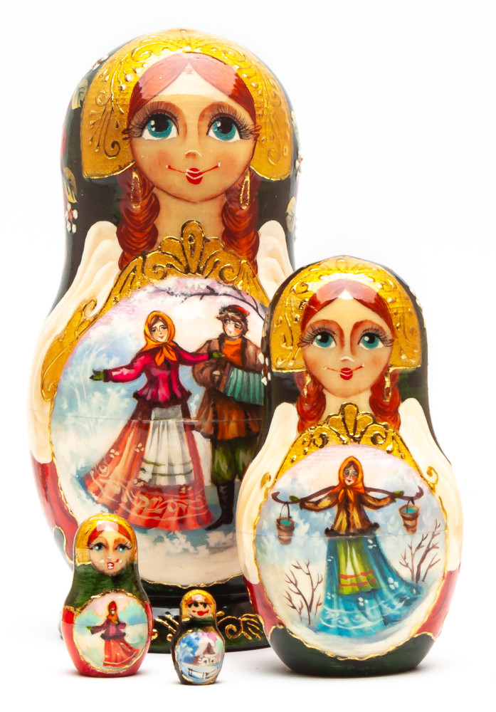120 mm Russian Winter hand painted on Wooden Matryoshka doll 5 pcs (by Valeria Crafts)