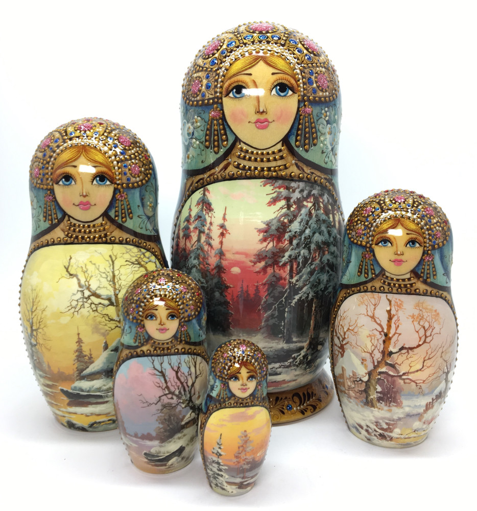 190 mm Winter Forest Landscape hand painted on Wooden Matryoshka doll 5 pcs (by Natalia crafts)