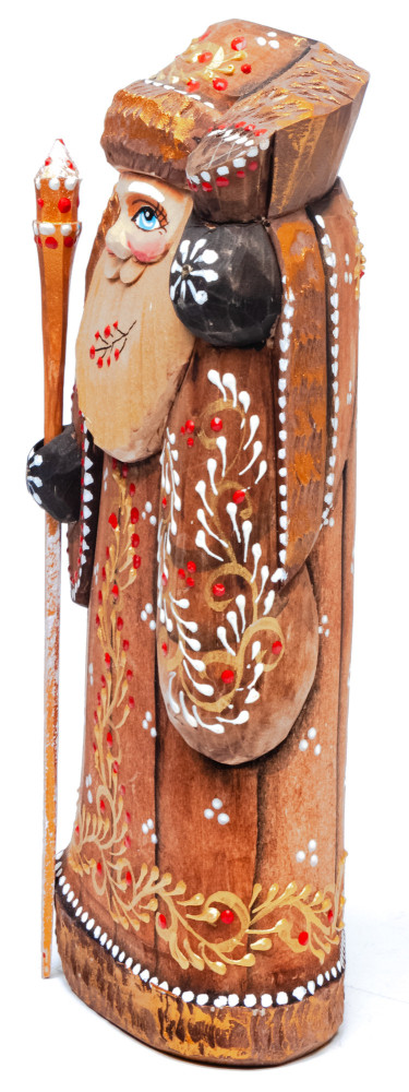 170 mm Santa with a Magic Staff and a Bag Carved Wood Hand Painted Collectible Figurine (by Natalia Nikitina Workshop)