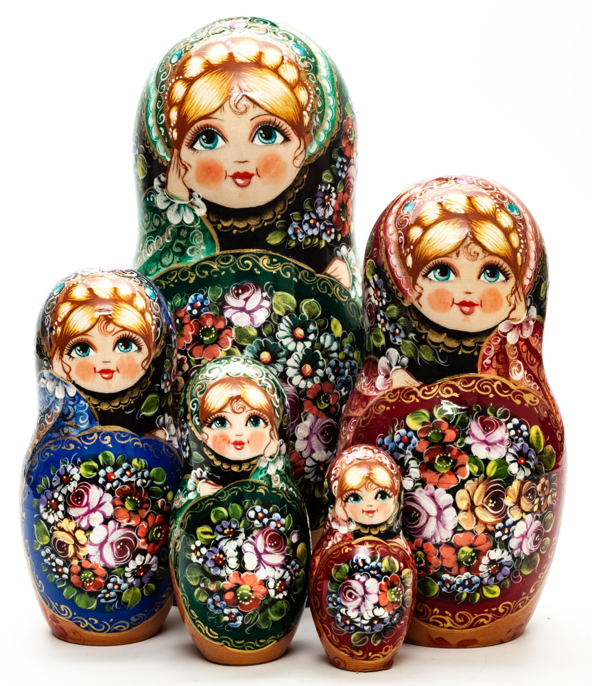 240 mm Zhostovo Patterns hand painted wooden Russian Matryoshka doll 5 pcs (by Olga Collection)