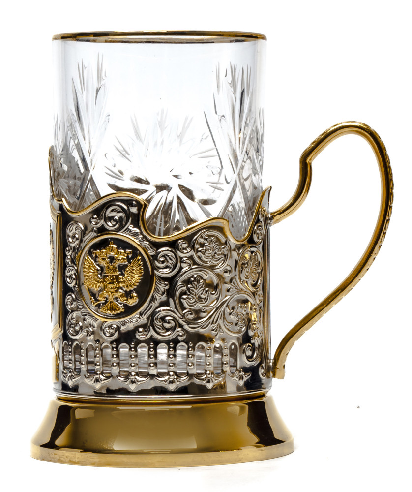 Coat of Arms Russia Gold Plated Brass Tea Glass Holder with Crystal Glass and Gold Plated Tea Spoon (by Kolchugino)