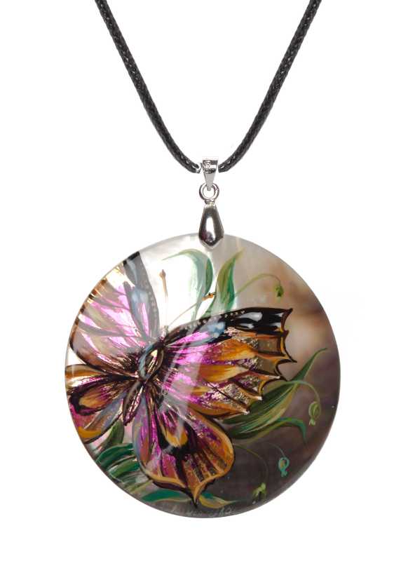 d50 mm Butterfly hand painted Nacre Pendant (by Tatiana Shkatulka Crafts)