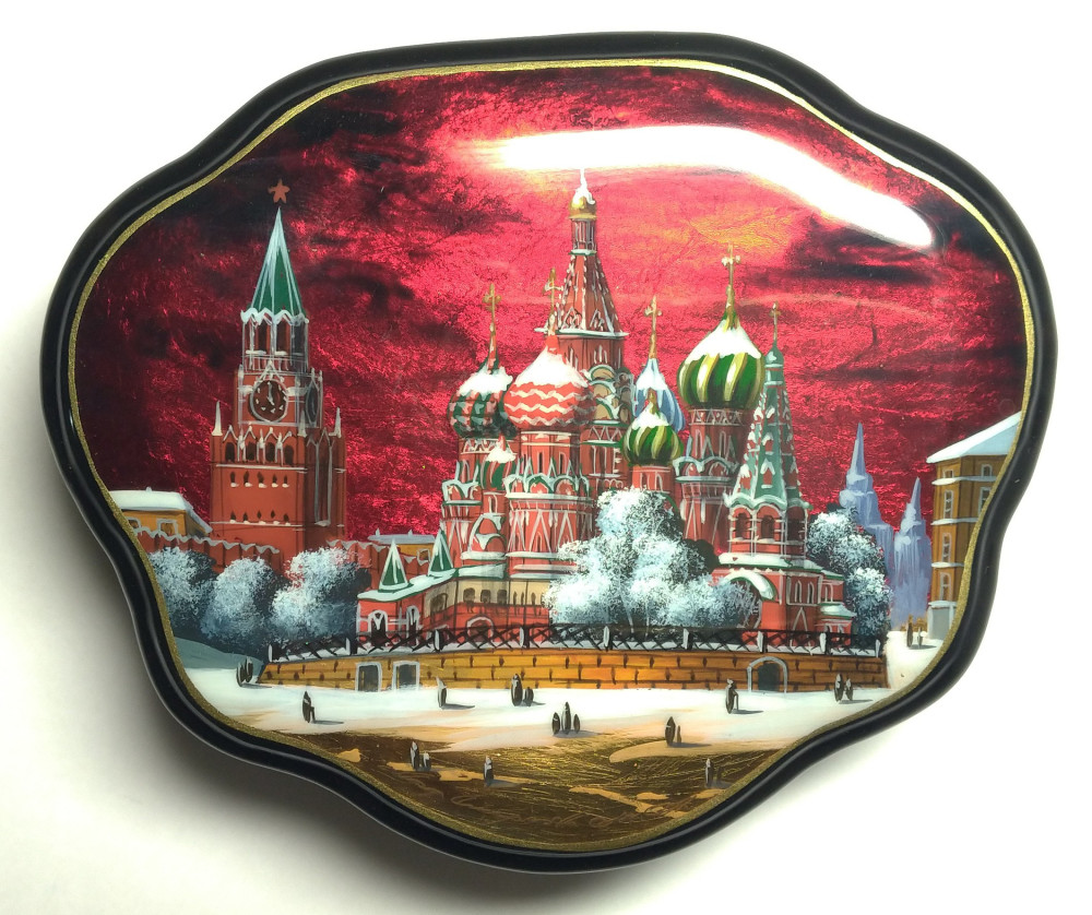 120x100mm Moscow Snt Basil Cathedral and Red Square hand painted lacquered jewelery box (by Tatiana Shkatulka Crafts)