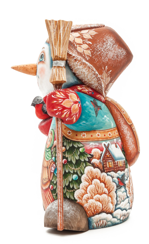 190 mm Snowman with hand painted Kids playing with a Bullfinch wooden figurine (by Sergey Christmas Workshop)
