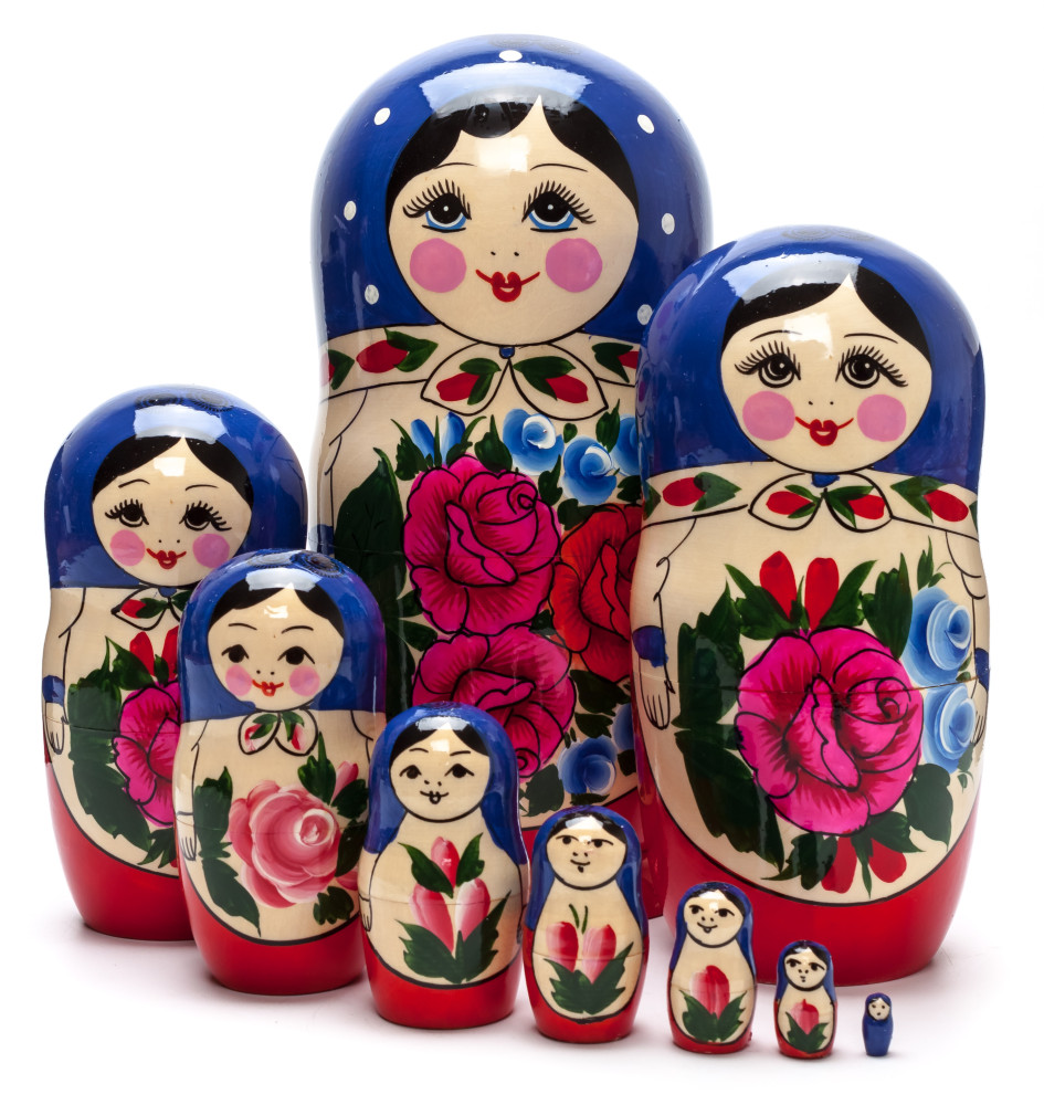230 mm Dark Blue Semenovskaya hand painted Wooden Matryoshka Doll 9 pcs (by Ivan Studio)