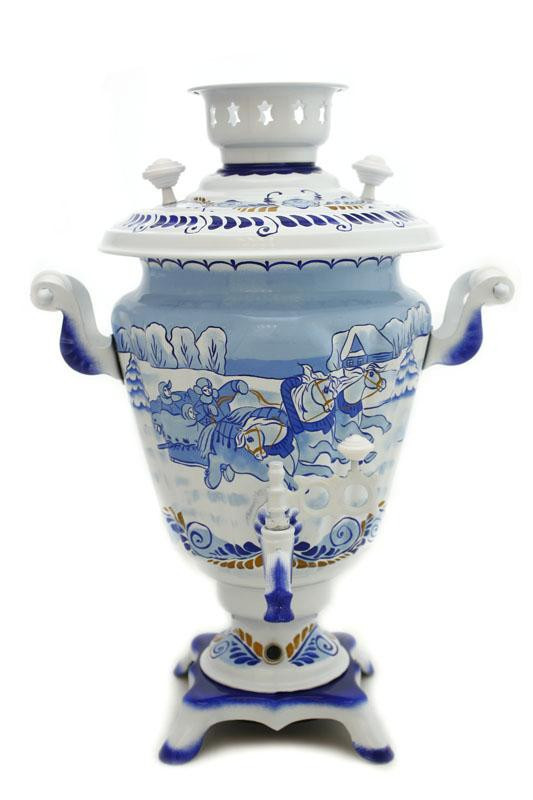 Winter Troika Hand Painted Electric Samovar Kettle with Teapot and Tray