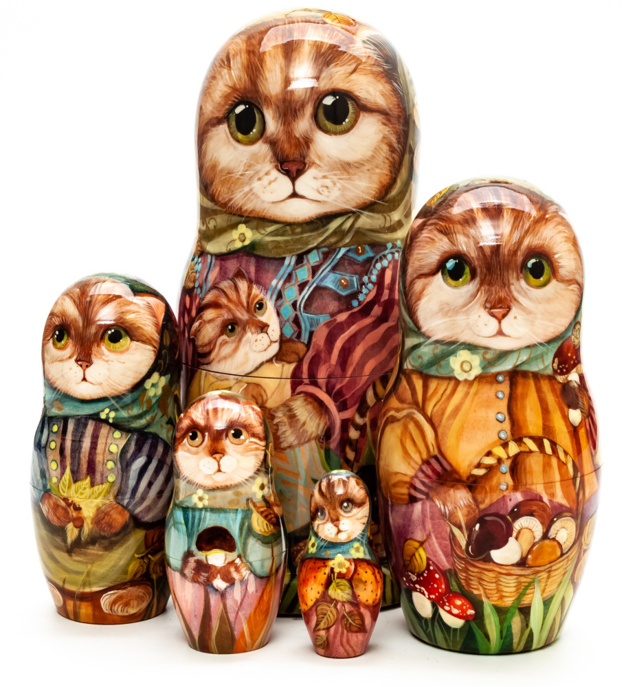 180 mm Mother Cat with Kitten hand painted wooden Matryoshka 5 pcs (by Vasily Crafts)