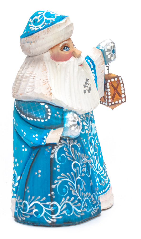150 mm Santa with a Bag and a Lamp Carved Wood Hand Painted Collectible Figurine (by Natalia Nikitina Workshop)