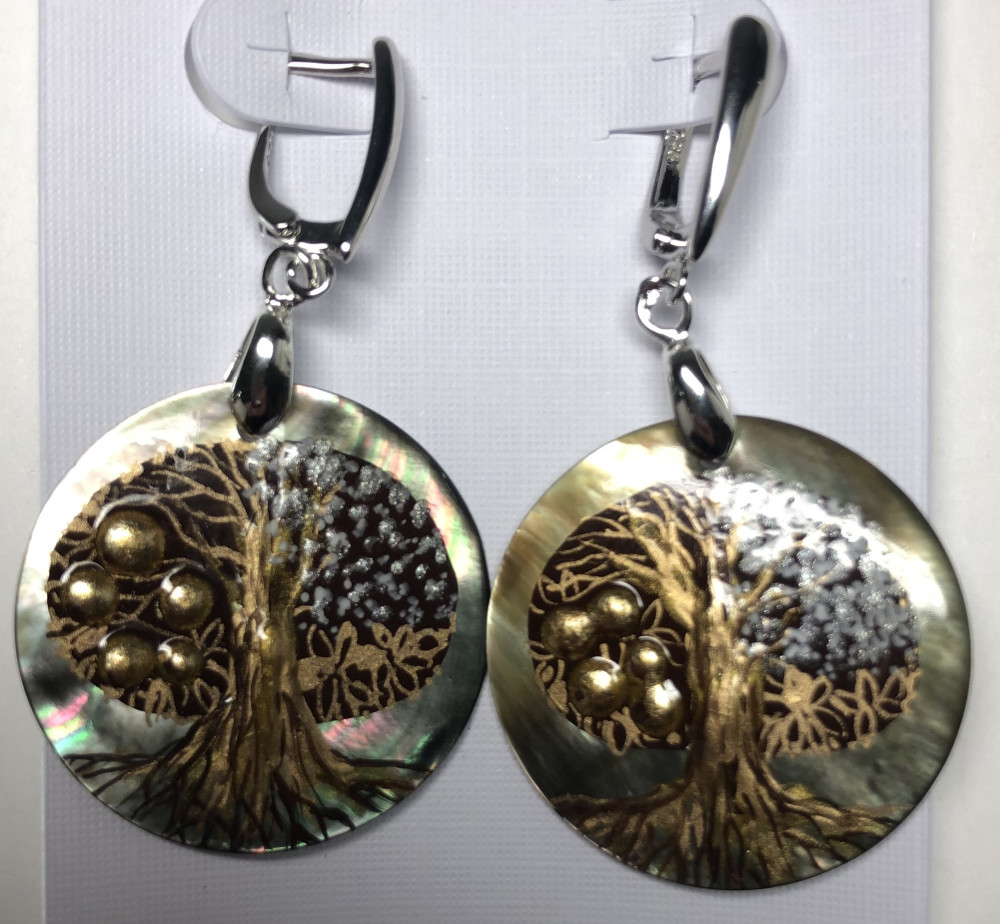 d30 mm Apple Tree hand painted on Nacre Earrings (by Tatiana Shkatulka Crafts)