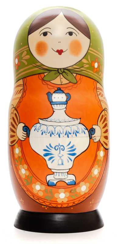 230 mm Mistress with Gzhel Dishes hand painted Traditional Russian Wooden Matryoshka doll 7 pcs (by Igor Malyutin)