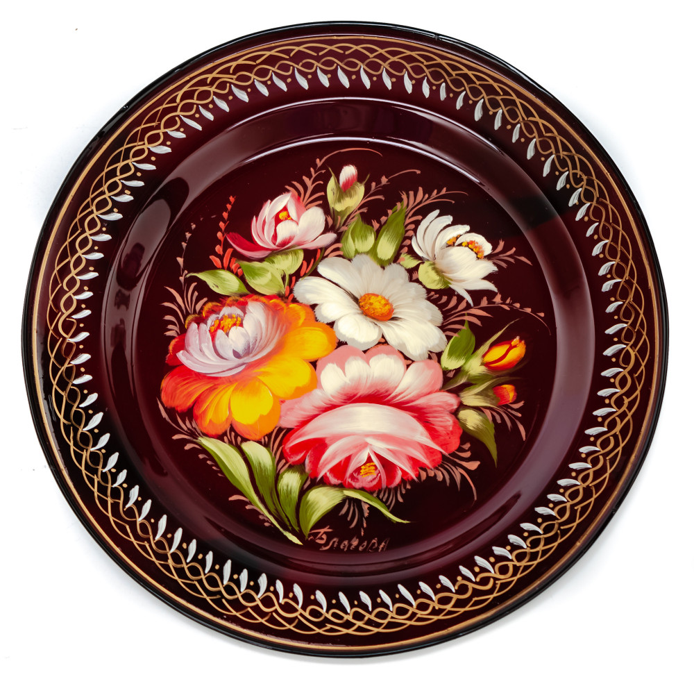  d 180 mm Zhostovo Patterns hand painted and lacquered by Blagova Metal Forged Carmine Tray (by Lada Crafts)