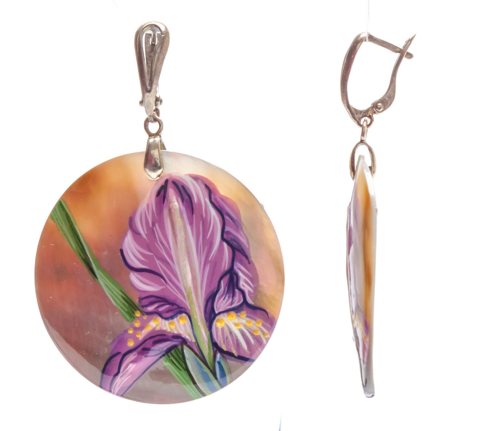 d40 mm Flower hand painted on Nacre Earrings (by Tatiana Shkatulka Crafts)