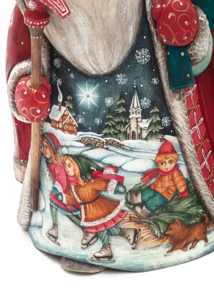 230 mm Santa with a Magic Staff and a Bag with hand painted Kids riding the Sleigh Carved Wood Collectible Figurine (by Sergey Christmas Workshop)