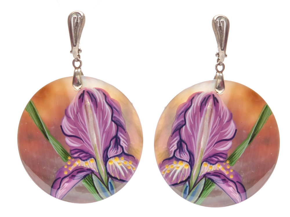 d40 mm Flower hand painted on Nacre Earrings (by Tatiana Shkatulka Crafts)