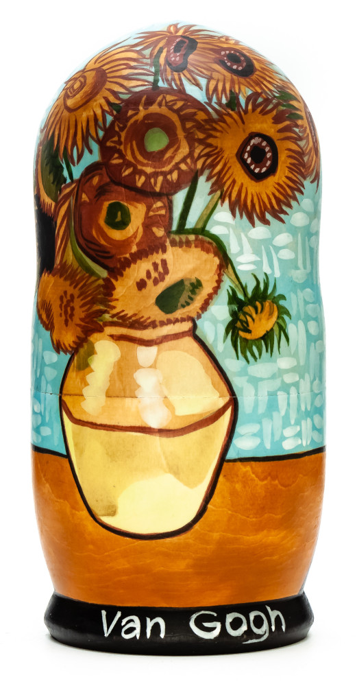 180 mm Sunflowers by van Gogh hand painted on wooden Matryoshka doll 5 pcs (by Alexander Famous Paintings Studio)