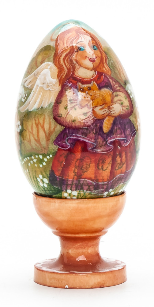 100mm Angel with a Cat handpainted wooden Egg with standby (by Andrey Christams Ornaments Studio)