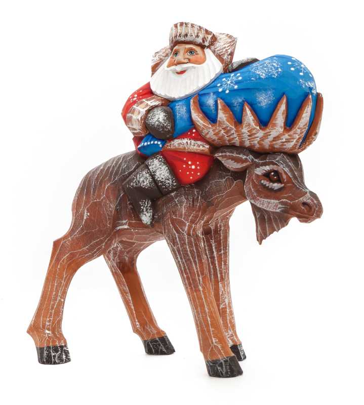 170 mm Santa with a Bag riding the Moose Carved Wood Hand Painted Collectible Figurine (by Sergey Christmas Workshop)