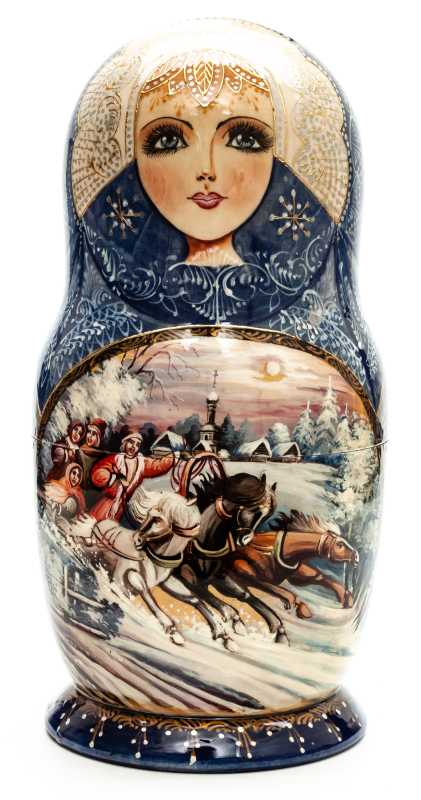 280 mm Russian Troika hand painted on Wooden Matryoshka doll 10 pcs (by Trifinov Studio)