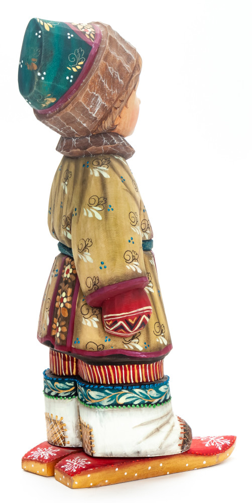 230 mm Boy riding the Skiing hand painted Wooden Statue (by Karpova Nadezda)
