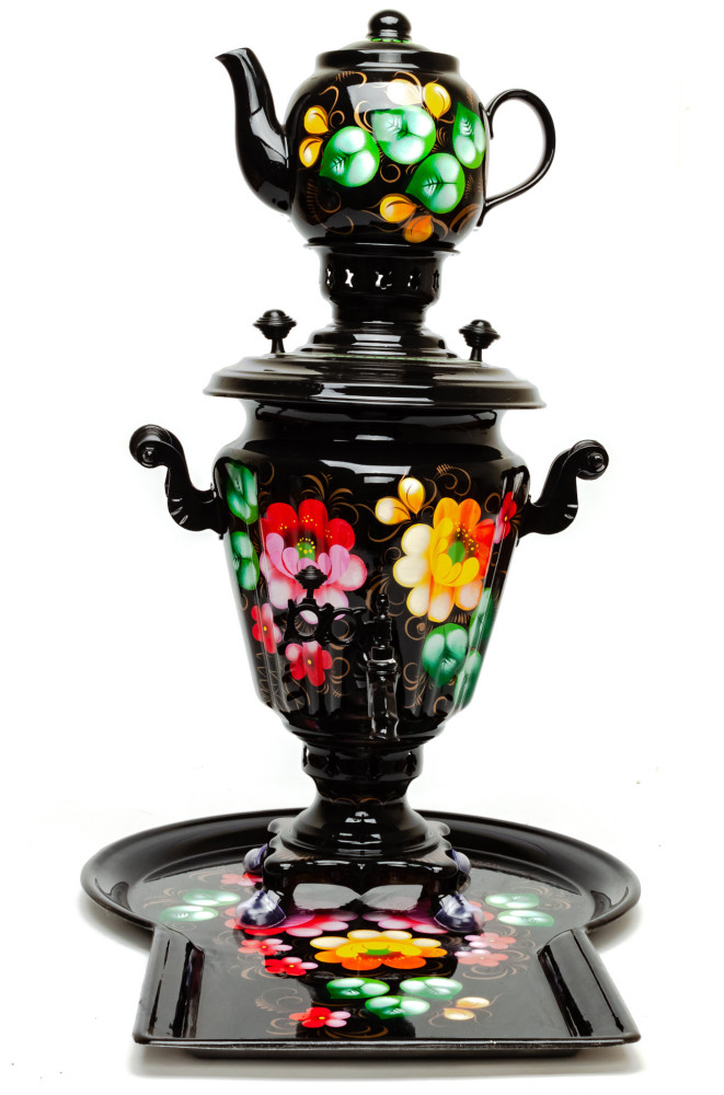 Zhostovo Hand Painted Electric Samovar Kettle with Teapot and Tray
