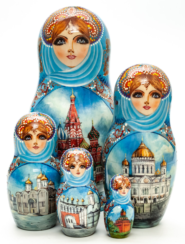 200 mm Moscow Saint Basil Cathedral hand painted on Wooden Matryoshka doll 5 pcs (by Trifinov Studio)