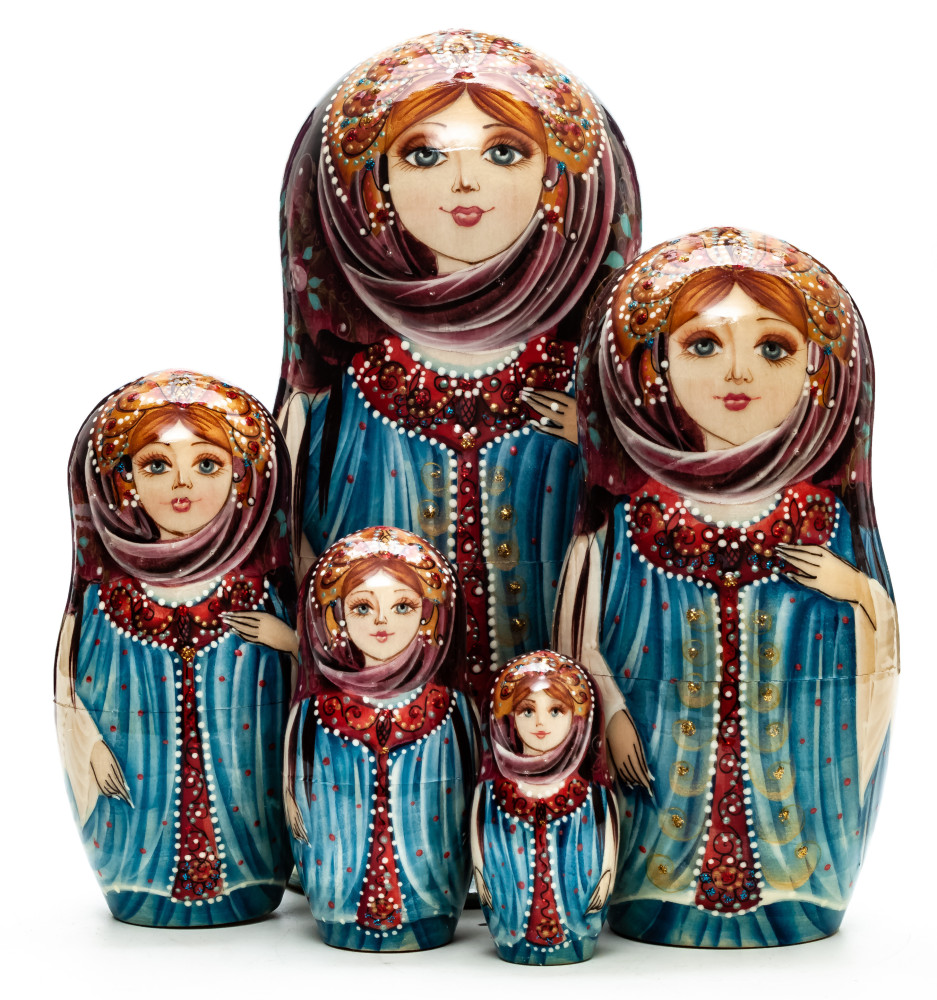 180 mm Maiden in a Dress hand painted on Wooden Matryoshka doll 5 pcs (by Natalia crafts)