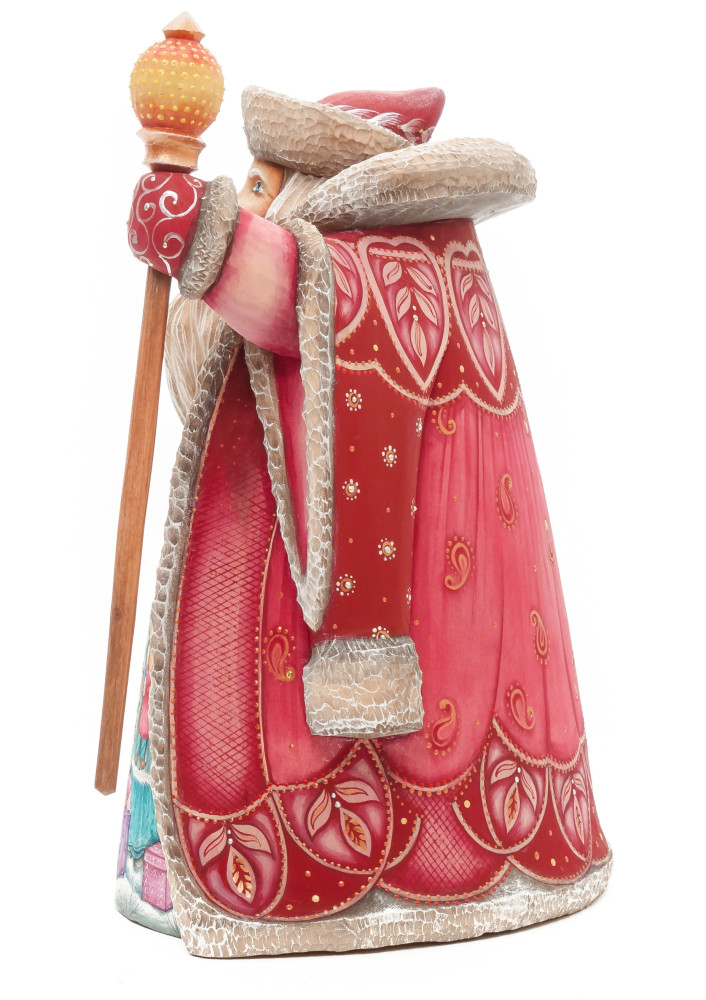 220 mm Santa with a Magic Staff and a Bag with hand painted Kids playing at the Green Christmas Tree Carved Wood Collectible Figurine (by Sergey Christmas Workshop)