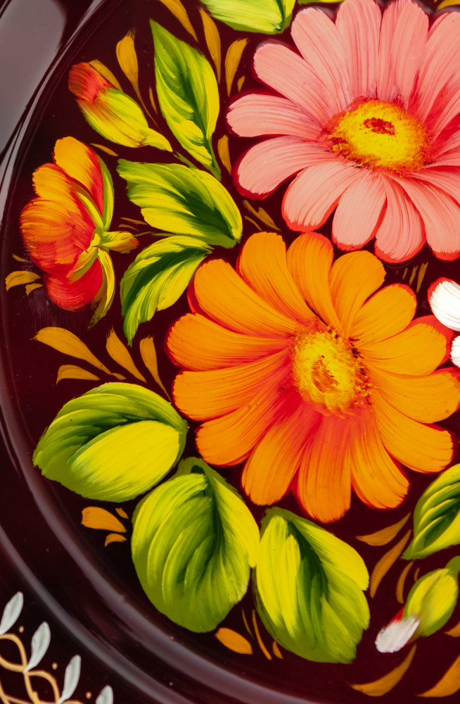  d 180 mm Zhostovo Patterns hand painted and lacquered Metal Forged Carmine Tray (by Lada Crafts)