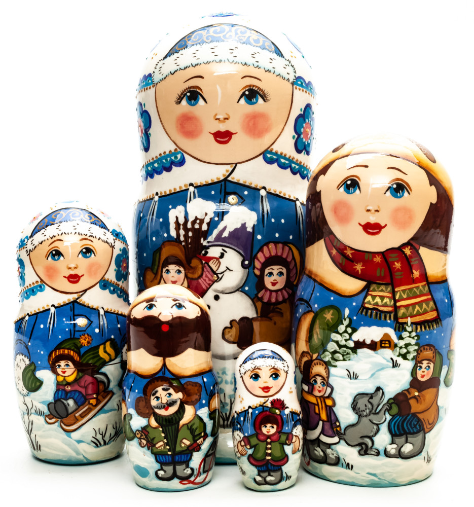 200mm Children making a Snowman hand painted Matryoshka round Doll 5pcs (by A Studio)