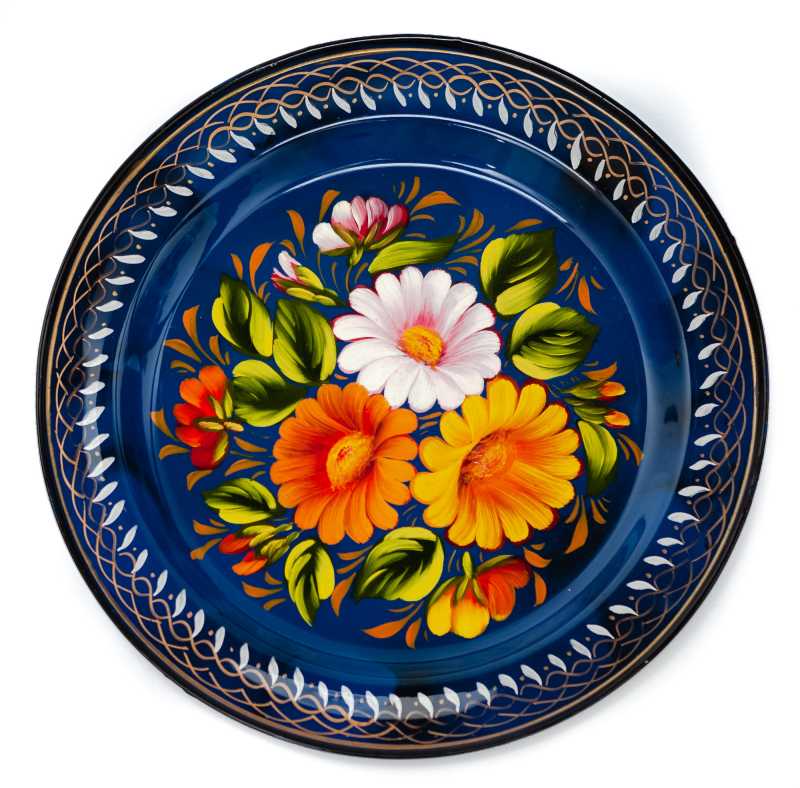 d 180 mm Zhostovo Patterns hand painted and lacquered Metal Forged Tray (by Lada Crafts)