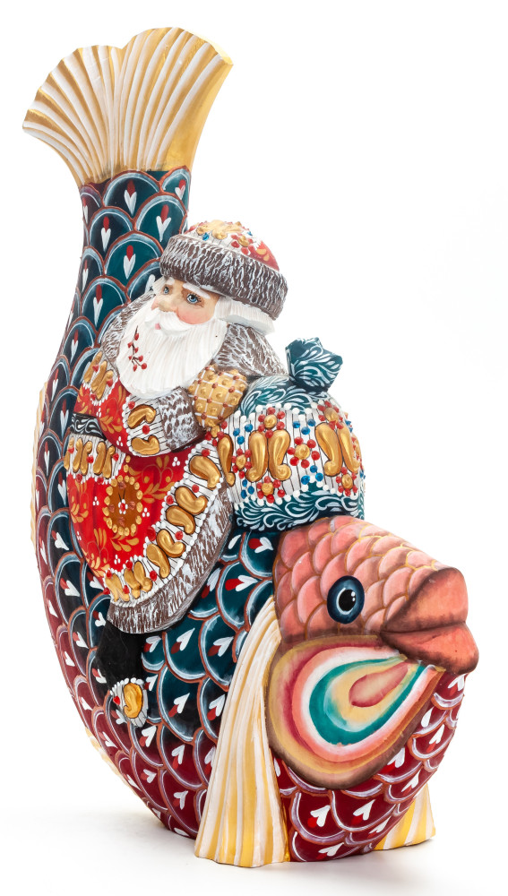 260 mm Santa Claus with a Bag Riding the Fish Carved Wood Hand Painted Collectible Figurine  (by Natalia Nikitina Workshop)