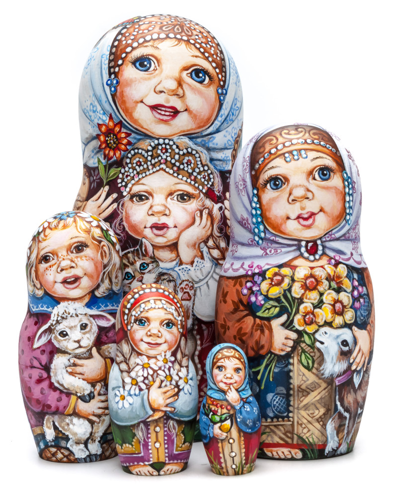 170 mm Girls playing with Kittens miniature hand painted wooden Matryoshka doll 5 pcs (by Nadezda Karpova Studio)