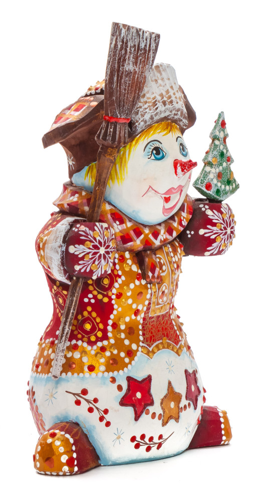 160 mm Snowman with a Broom and a Green Christmas Tree on wooden Figurine (by Natalia Nikitina Workshop)