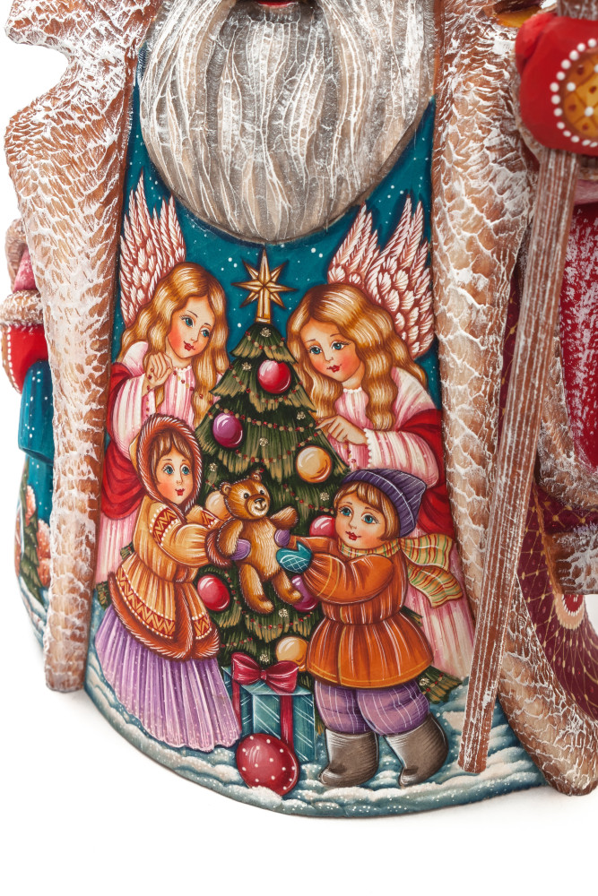 240 mm Santa with a Magic Staff and a Bag with hand painted Kids playing at the Green Christmas Tree Carved Wood Collectible Figurine (by Sergey Christmas Workshop)