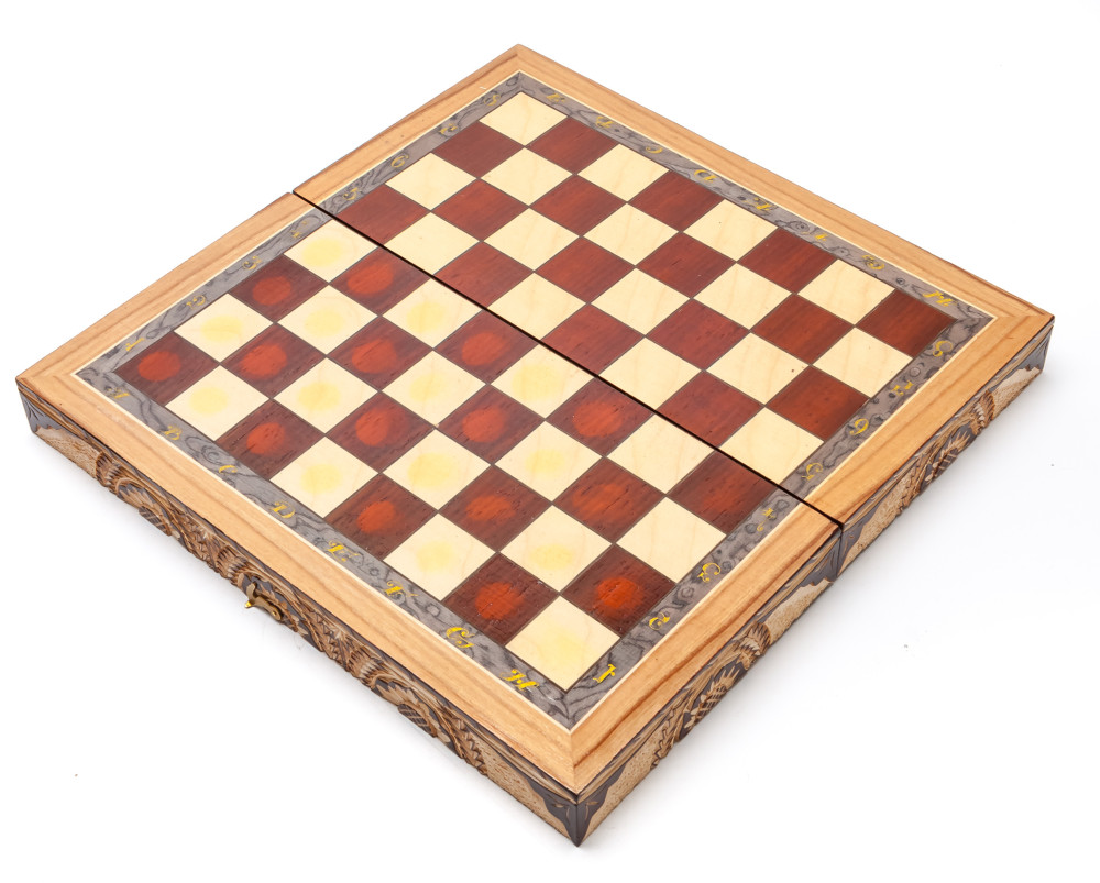 300x300 mm Hand Carved Chess Pieces on Inlaid Wood Board Box (by Fyodor Chess Workshop)