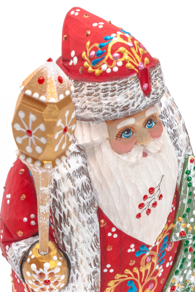 200 mm Santa with a Magic Staff and a Green Christmas Tree Carved Wood Hand Painted Collectible Figurine (by Natalia Nikitina Workshop)