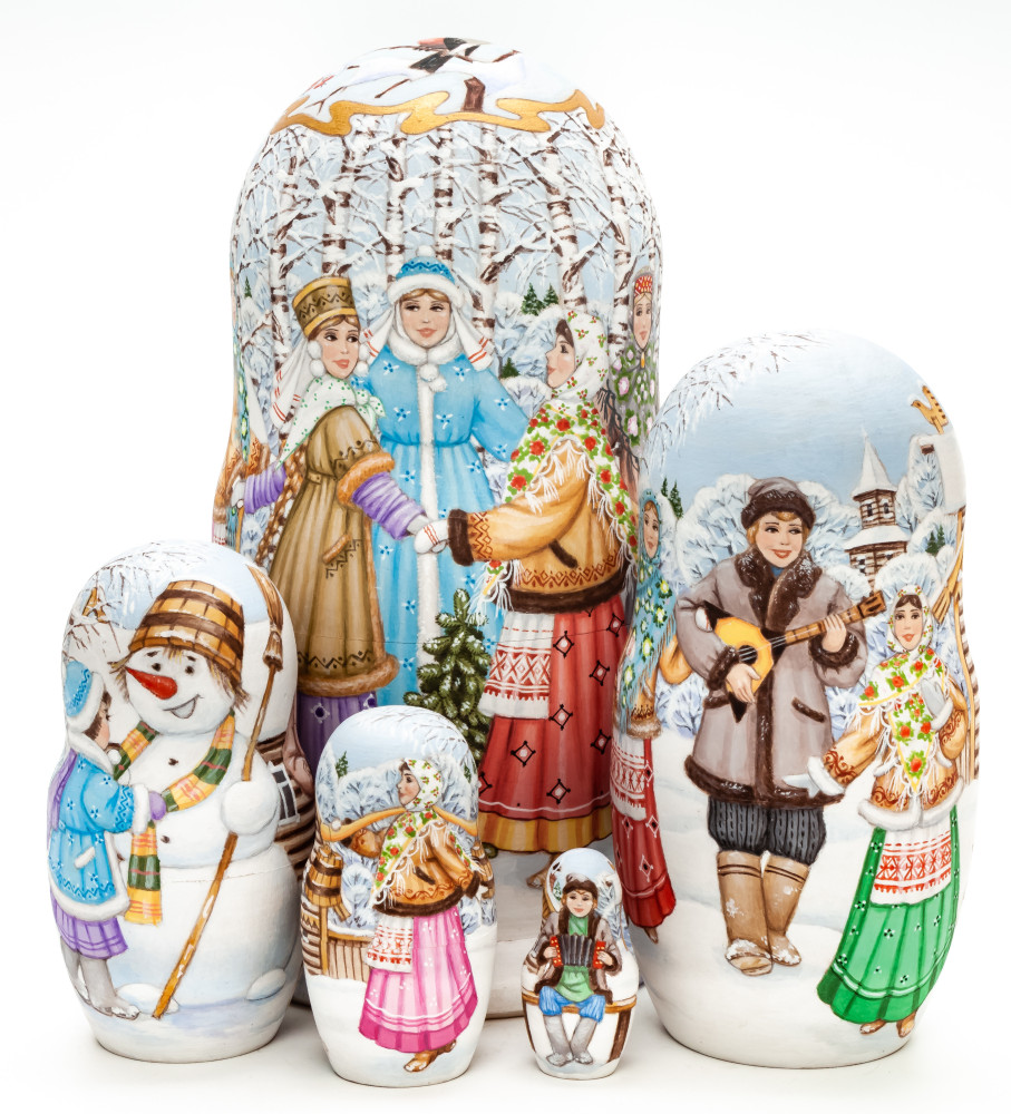 180 mm Russian Christmas Round Dancing hand painted by Mikhail Sokolov wooden Matryoshka doll 5 pcs inside (by Nikitina)