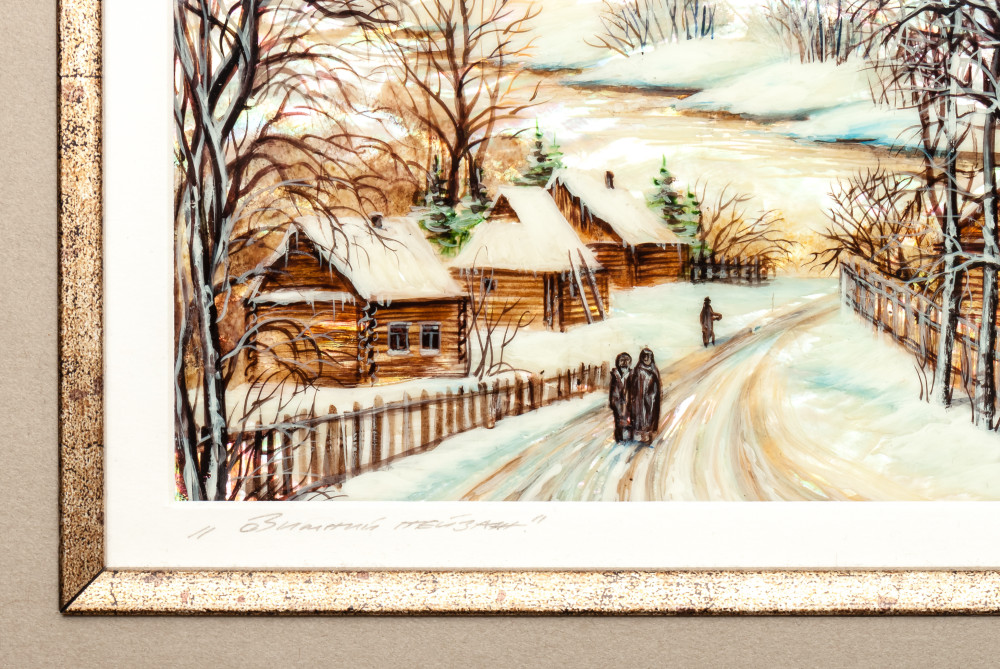 450x325 mm Winter Landscape hand painted on Nacre Fedoscino painting (by Tatiana Fedoscino Arts)