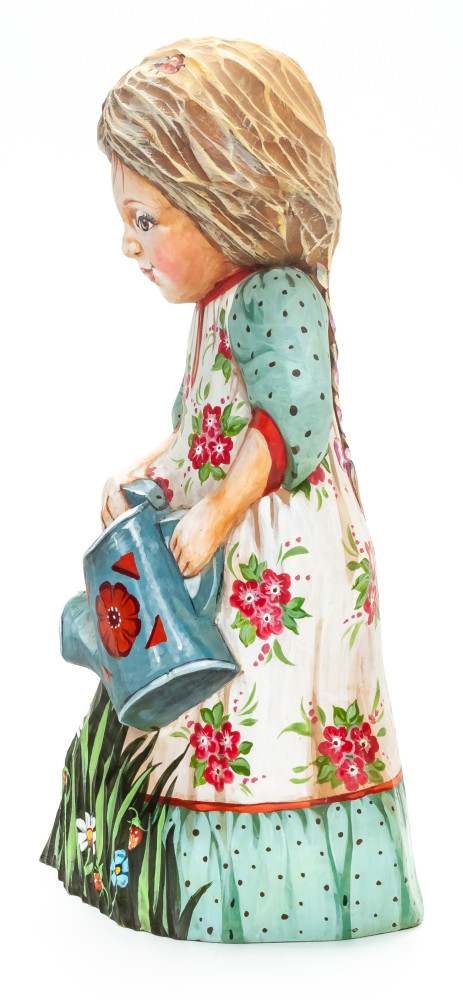 200 mm Girl with a Watering Can hand painted Wooden Statue (by Karpova Nadezda)
