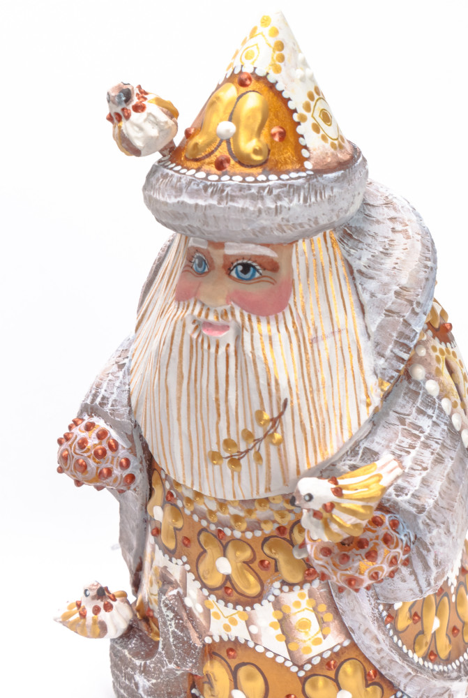 170 mm Santa with Birds Carved Wood Hand Painted Collectible Figurine (by Natalia Nikitina Workshop)