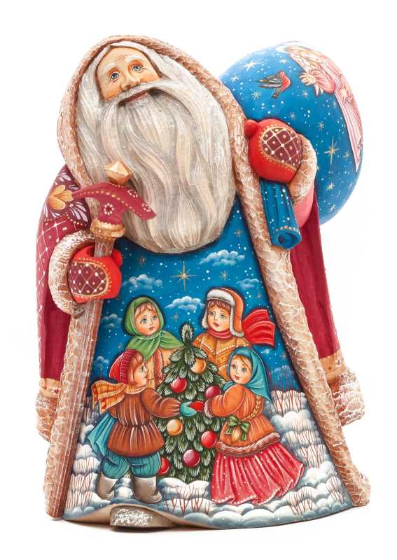 220 mm Santa with a Magic Staff and a Bag with hand painted Kids playing at the Green Christmas Tree Carved Wood Collectible Figurine (by Sergey Christmas Workshop)