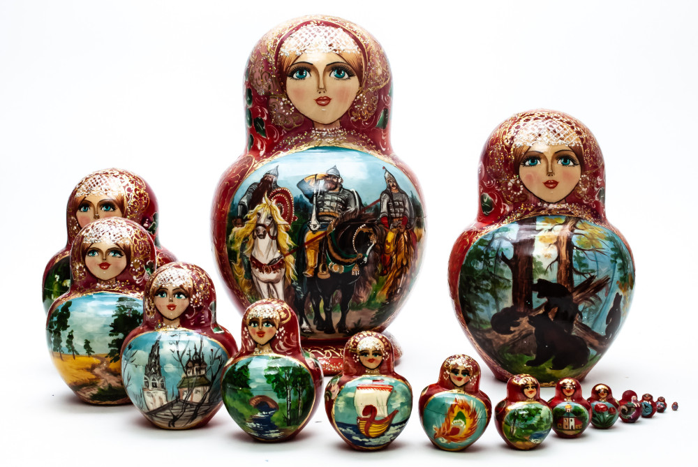 240 mm The Three Bogatyrs hand painted on Wooden Matryoshka doll 15 pcs (by Trifinov Studio)